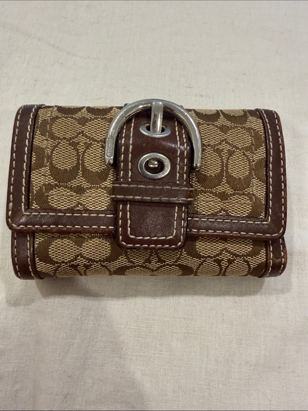 Vintage Coach Brown Signature Canvas Wallet with Silver Buckle